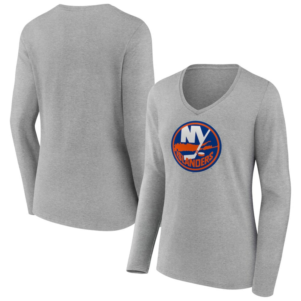 New York Islanders Women's Primary Logo Long Sleeve V-Neck T-Shirt - Gray - NHL