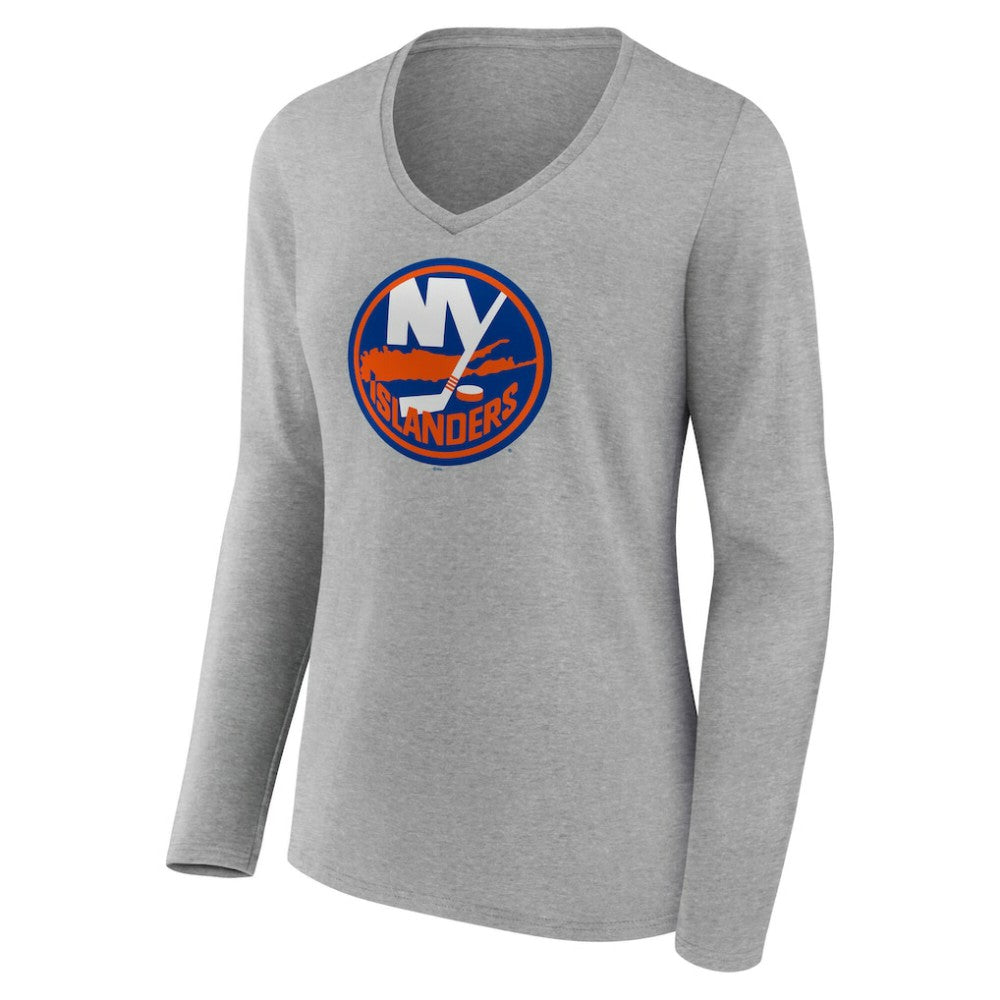 New York Islanders Women's Primary Logo Long Sleeve V-Neck T-Shirt - Gray - NHL