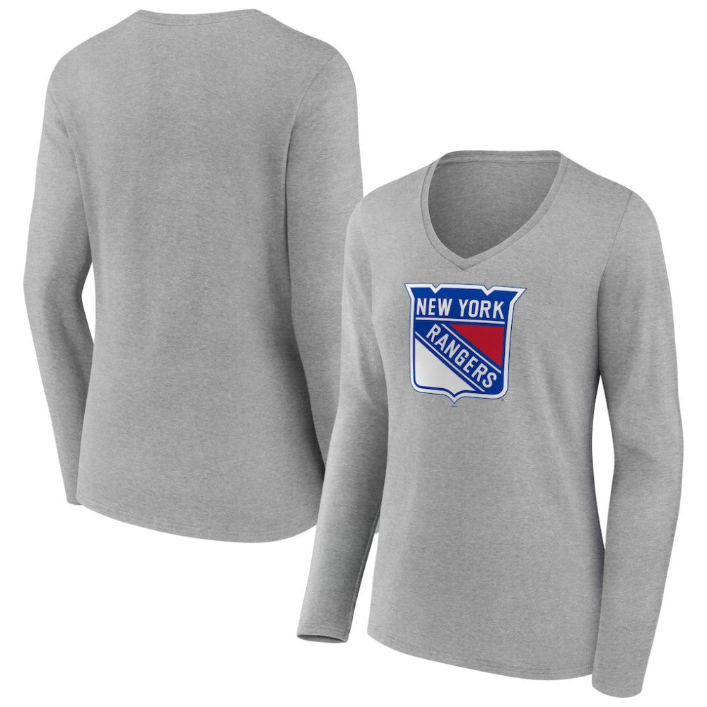 New York Rangers Women's Primary Logo Long Sleeve V-Neck T-Shirt - Gray - NHL