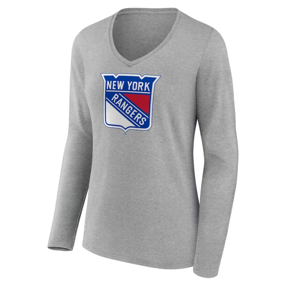 New York Rangers Women's Primary Logo Long Sleeve V-Neck T-Shirt - Gray - NHL