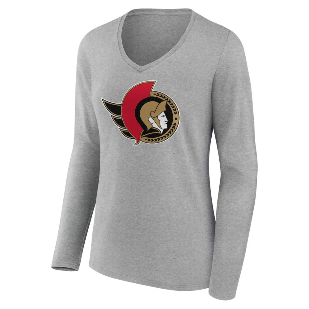 Ottawa Senators Women's Primary Logo Long Sleeve V-Neck T-Shirt - Gray - NHL
