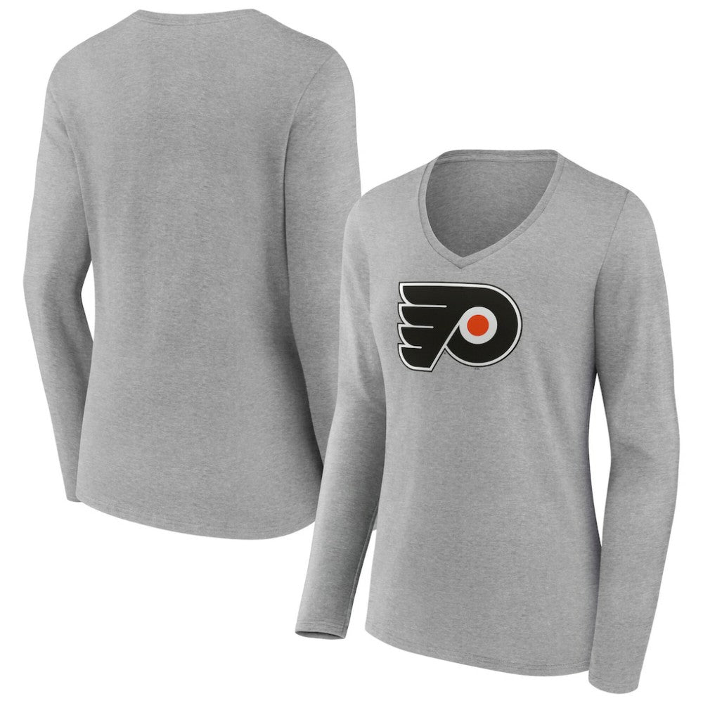 Philadelphia Flyers Women's Primary Logo Long Sleeve V-Neck T-Shirt - Gray - NHL