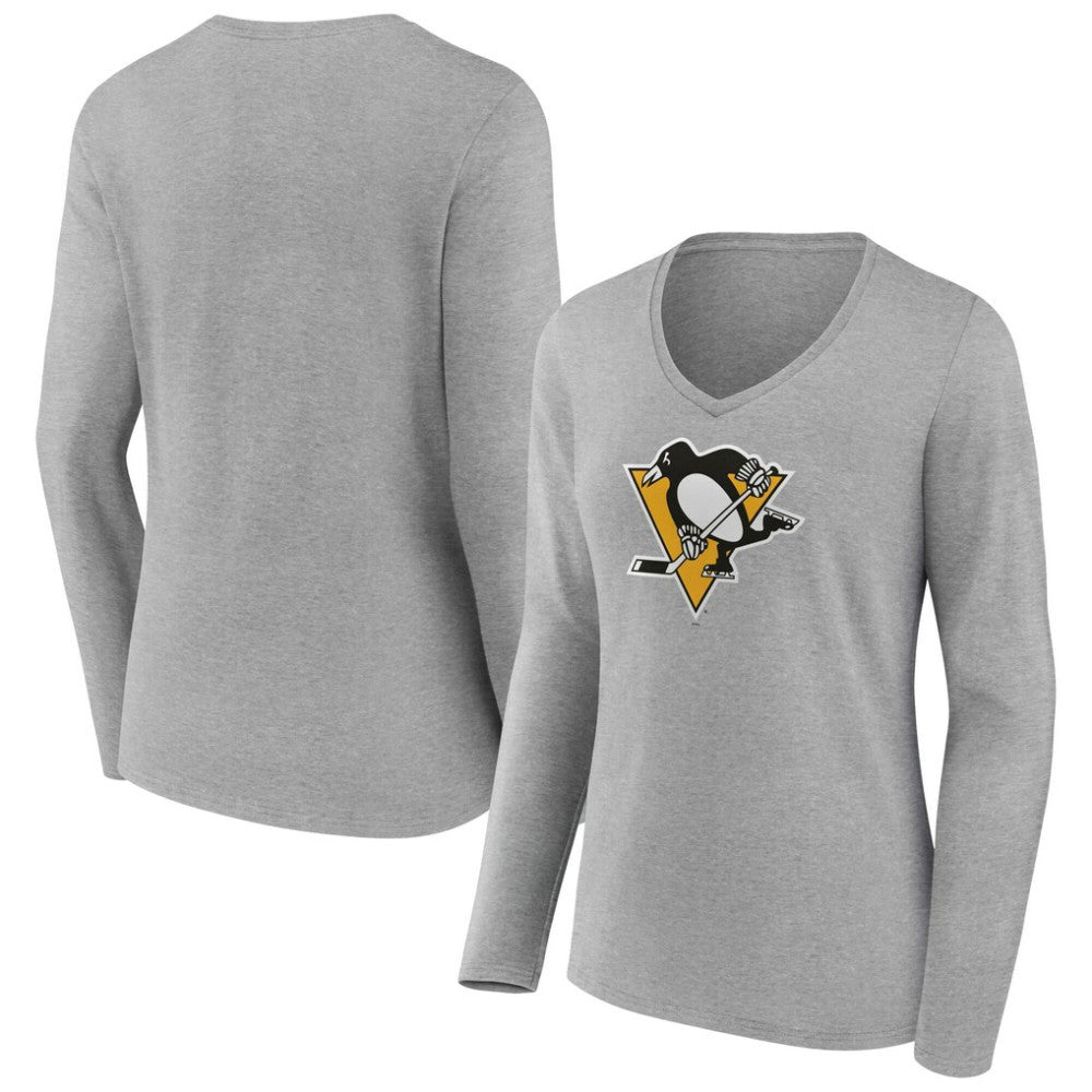 Pittsburgh Penguins Women's Primary Logo Long Sleeve V-Neck T-Shirt - Gray - NHL