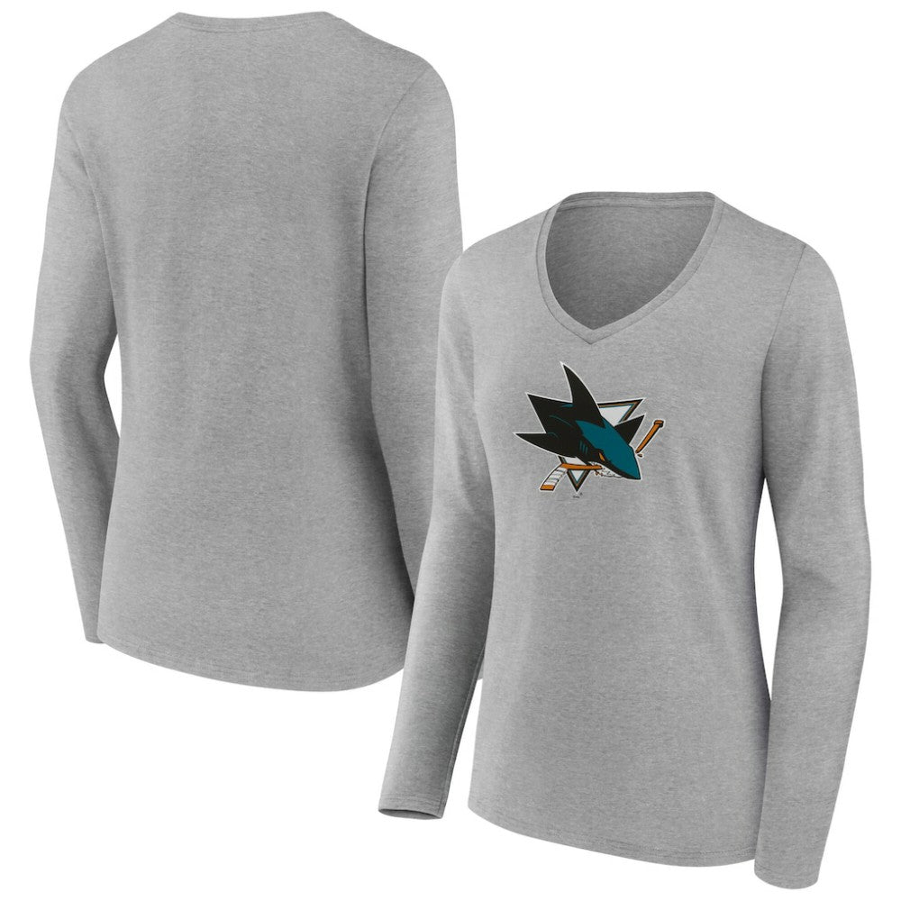 San Jose Sharks Women's Primary Logo Long Sleeve V-Neck T-Shirt - Gray - NHL