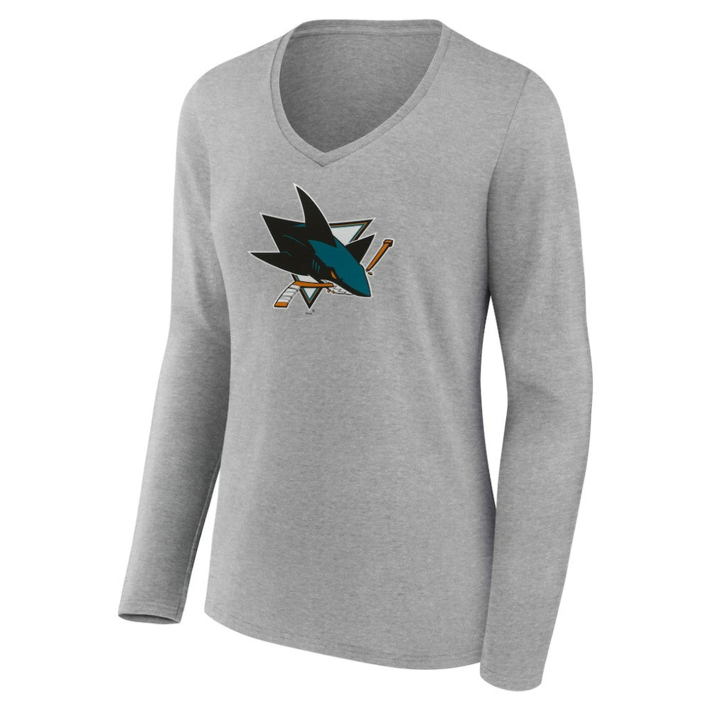 San Jose Sharks Women's Primary Logo Long Sleeve V-Neck T-Shirt - Gray - NHL