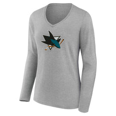 San Jose Sharks Women's Primary Logo Long Sleeve V-Neck T-Shirt - Gray - NHL