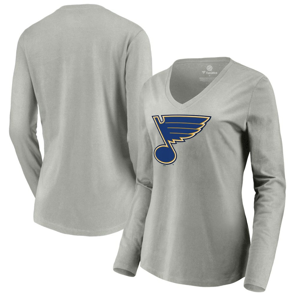 St. Louis Blues Women's Primary Logo Long Sleeve V-Neck T-Shirt - Gray - NHL