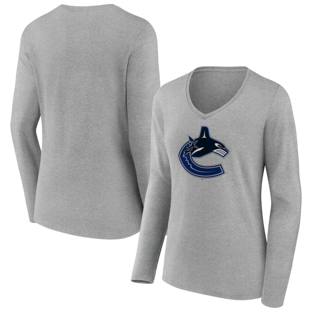 Vancouver Canucks Women's Primary Logo Long Sleeve V-Neck T-Shirt - Gray - NHL