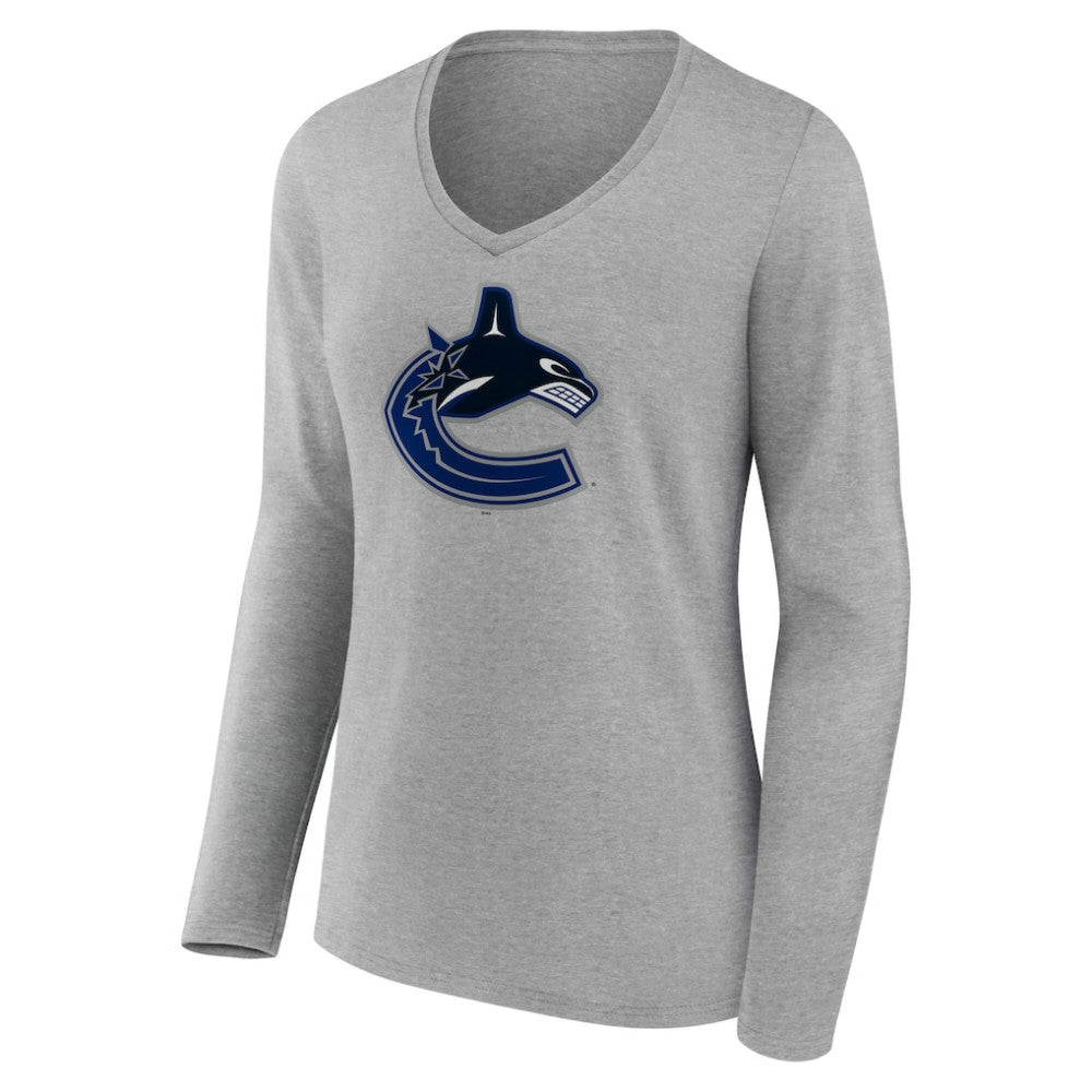 Vancouver Canucks Women's Primary Logo Long Sleeve V-Neck T-Shirt - Gray - NHL
