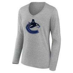 Vancouver Canucks Women's Primary Logo Long Sleeve V-Neck T-Shirt - Gray - NHL