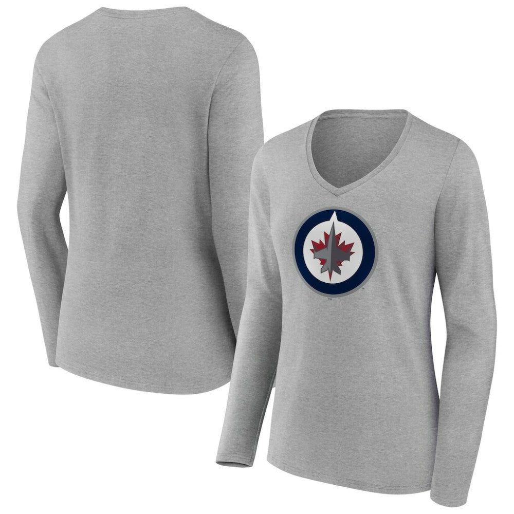 Winnipeg Jets Women's Primary Logo Long Sleeve V-Neck T-Shirt - Gray - NHL