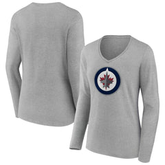Winnipeg Jets Women's Primary Logo Long Sleeve V-Neck T-Shirt - Gray - NHL