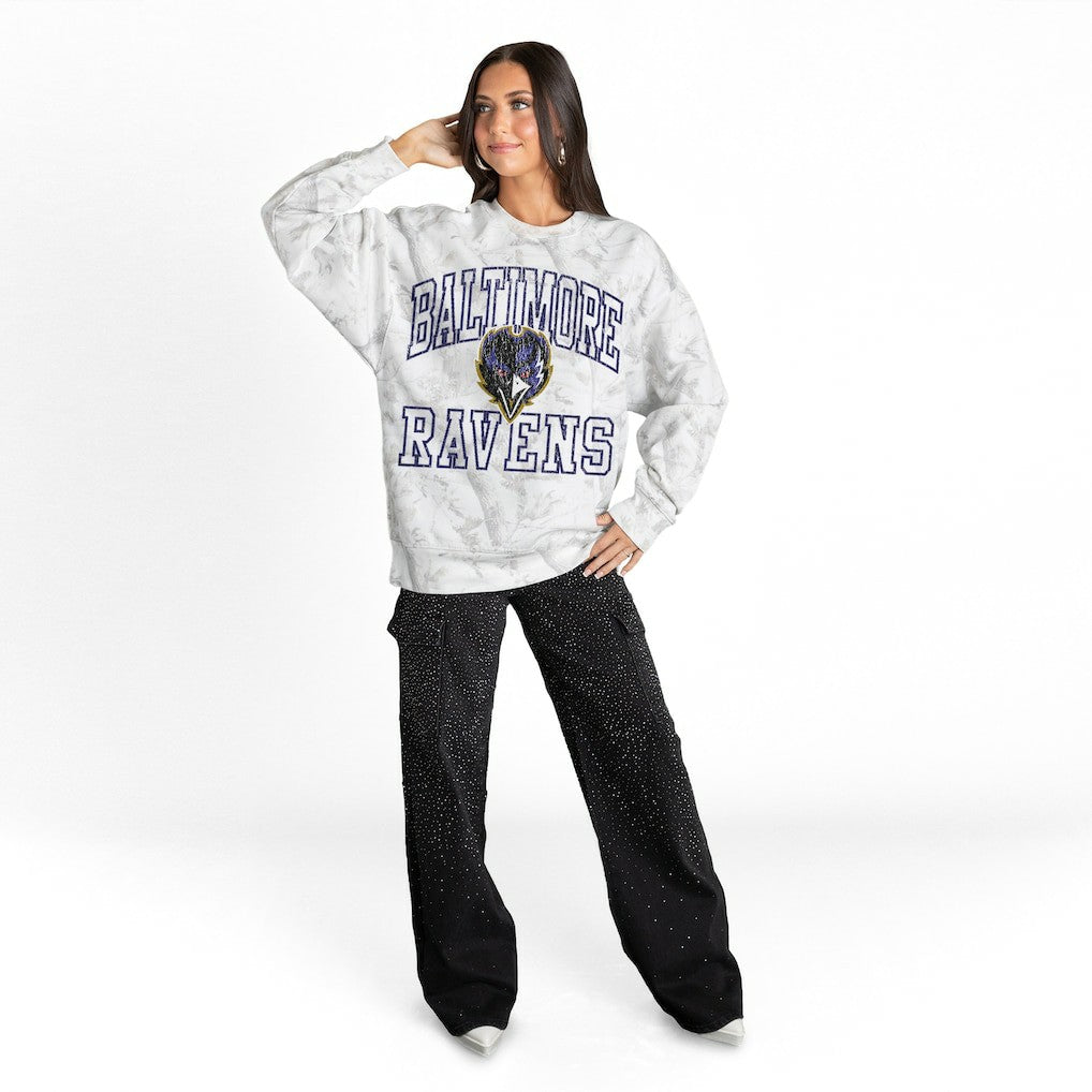 Baltimore Ravens Gameday Couture Women's Whiteout Oversized Premium Fleece Sweatshirt Arctic Camo | NFL