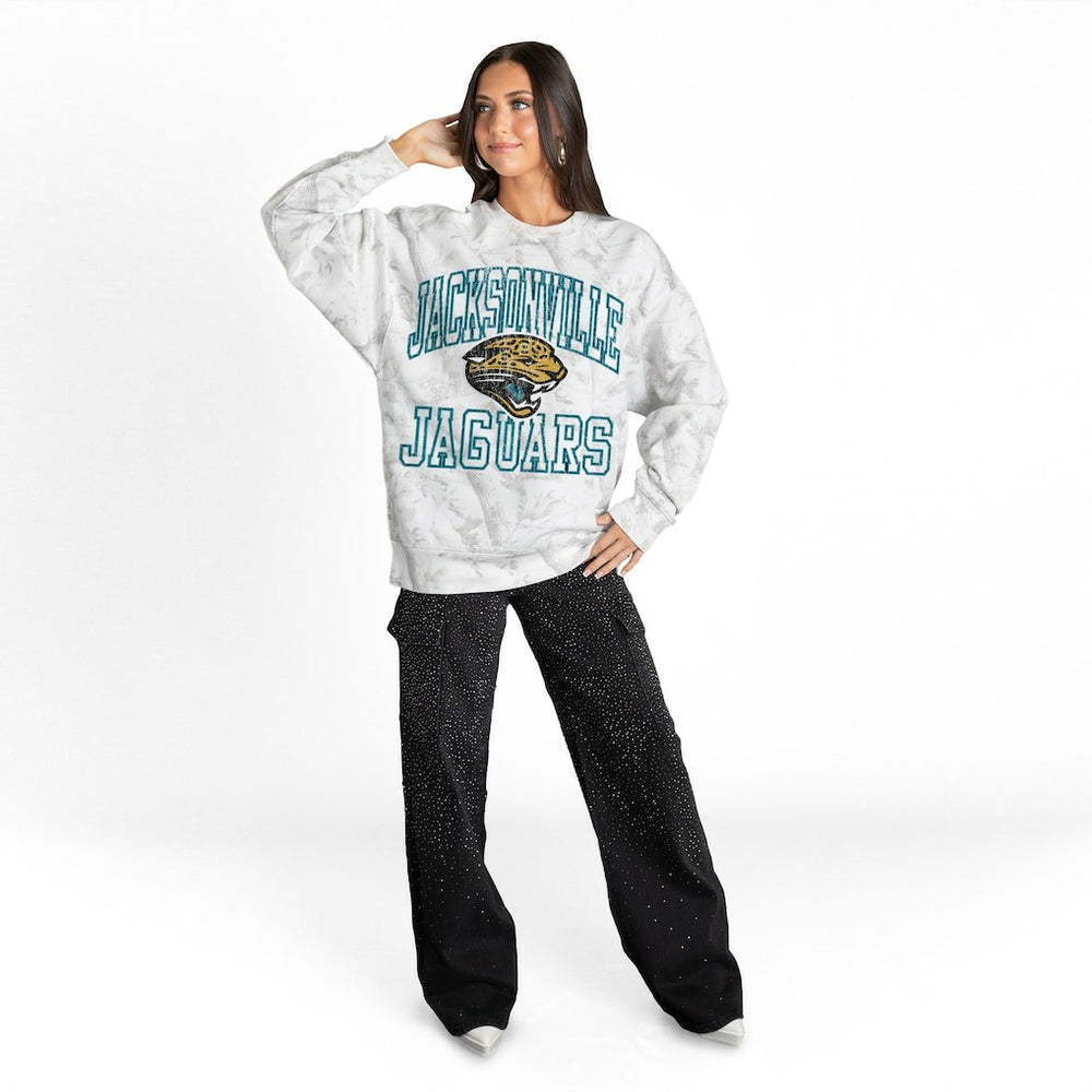 Jacksonville Jaguars Gameday Couture Women's Whiteout Oversized Premium Fleece Sweatshirt Arctic Camo | NFL