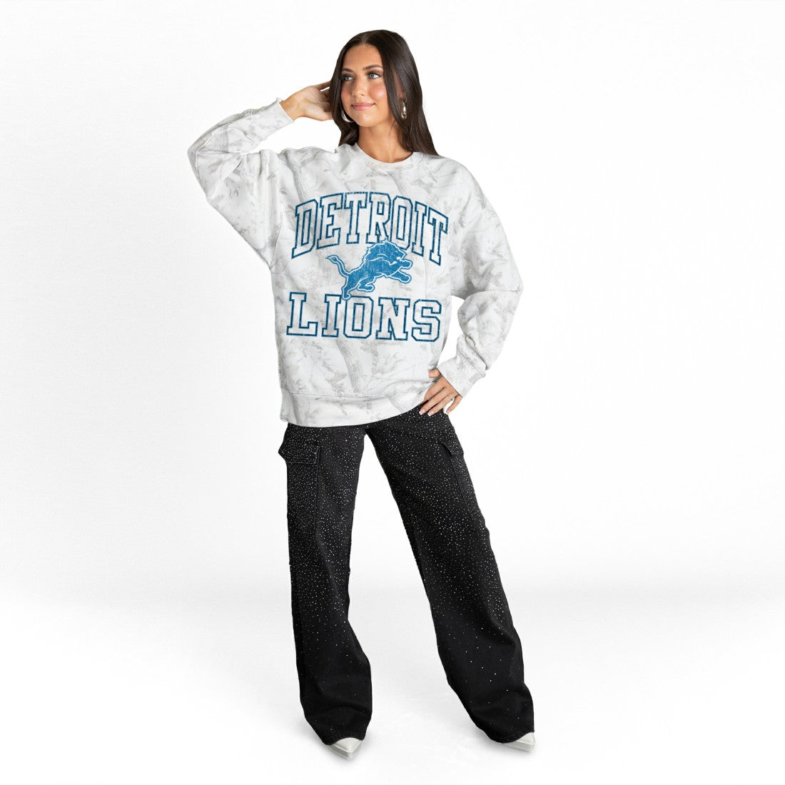 Detroit Lions Gameday Couture Women's Whiteout Oversized Premium Fleece Sweatshirt Arctic Camo | NFL