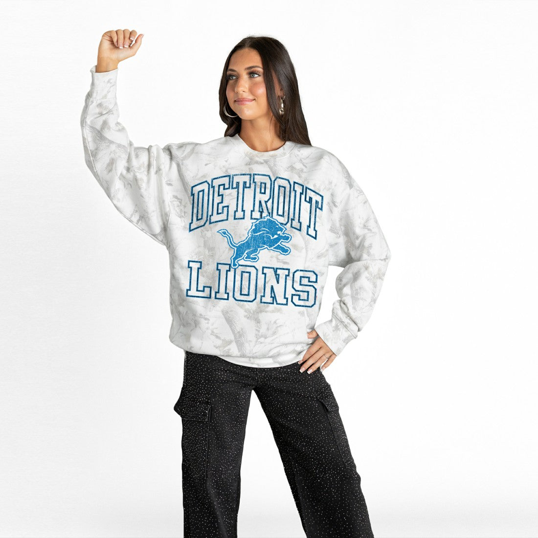 Detroit Lions Gameday Couture Women's Whiteout Oversized Premium Fleece Sweatshirt Arctic Camo | NFL