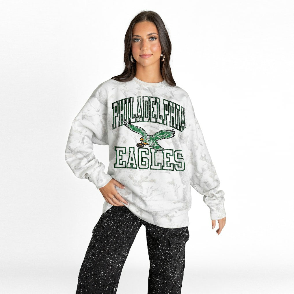 Philadelphia Eagles Gameday Couture Women's Whiteout Oversized Premium Fleece Sweatshirt Arctic Camo | NFL