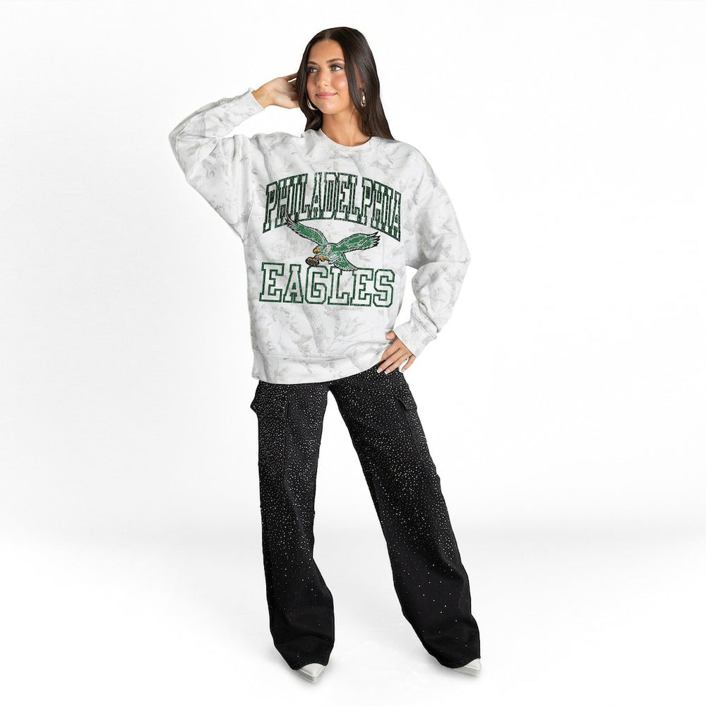 Philadelphia Eagles Gameday Couture Women's Whiteout Oversized Premium Fleece Sweatshirt Arctic Camo | NFL