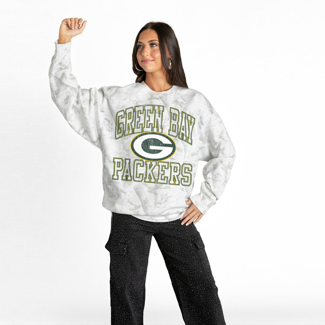 Green Bay Packers Gameday Couture Women's Whiteout Oversized Premium Fleece Sweatshirt Arctic Camo | NFL