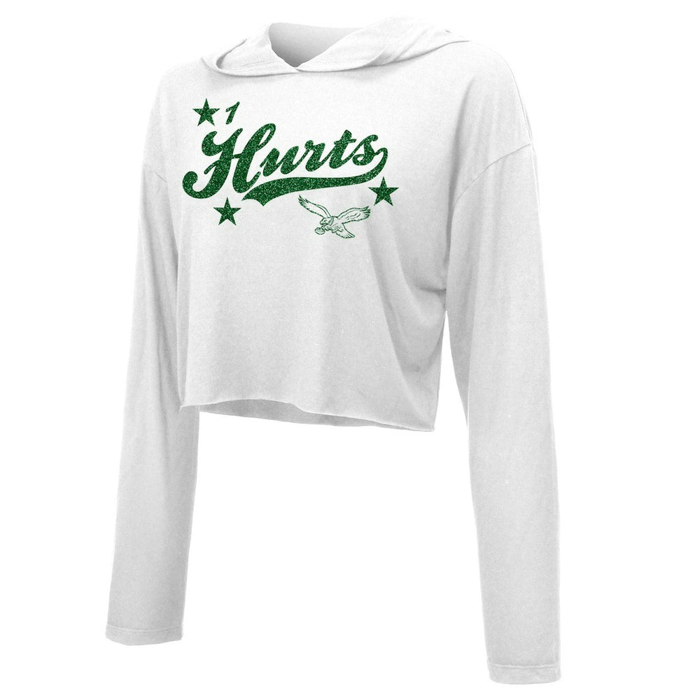 Jalen Hurts Philadelphia Eagles Majestic Threads Women's Glitter Wordmark Hoodie White | NFL