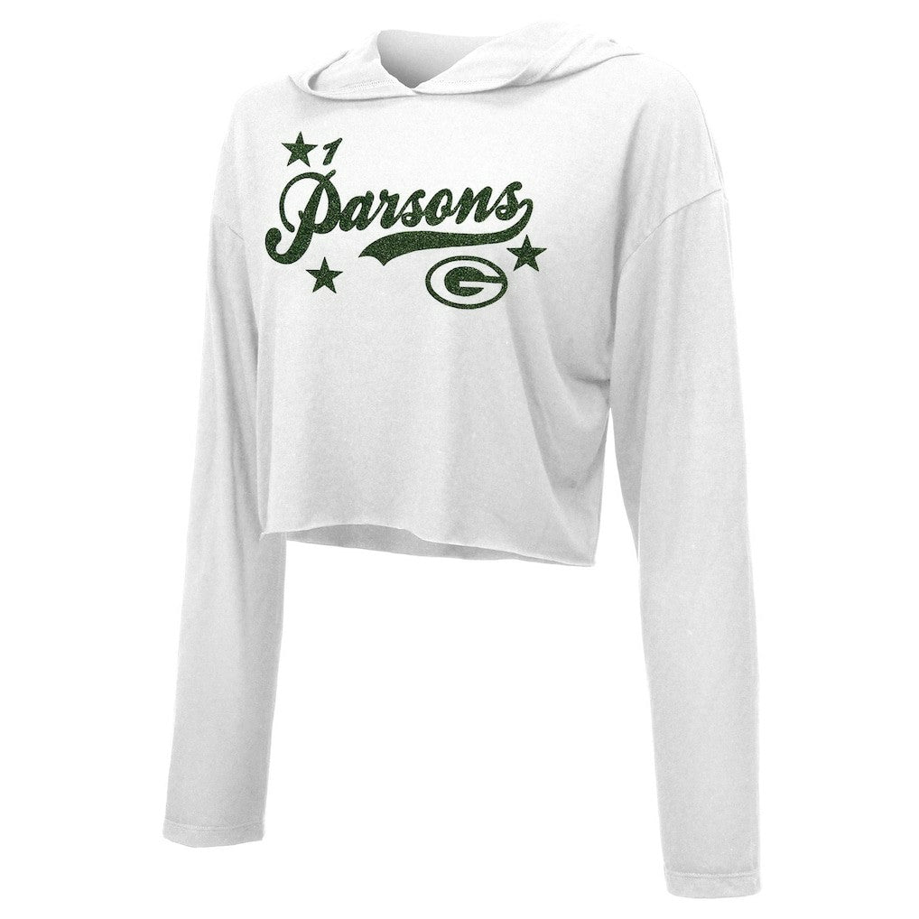 Micah Parsons Green Bay Packers Majestic Threads Women's Glitter Wordmark Hoodie White | NFL
