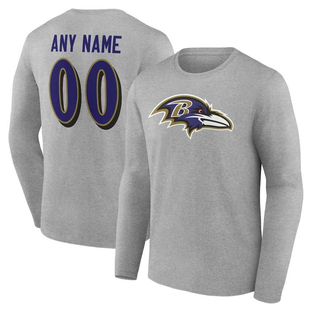 Baltimore Ravens Team Authentic Personalized Name & Number Long Sleeve T-Shirt Gray | NFL