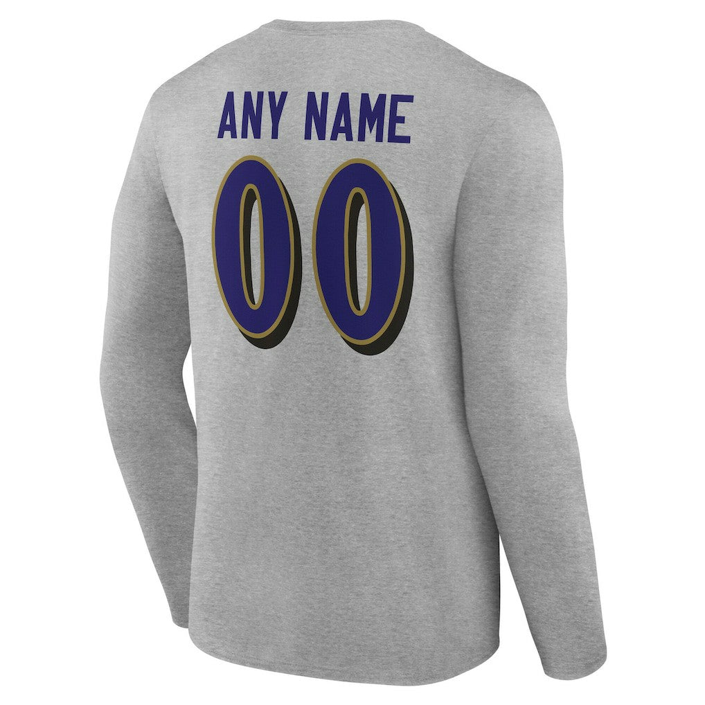 Baltimore Ravens Team Authentic Personalized Name & Number Long Sleeve T-Shirt Gray | NFL