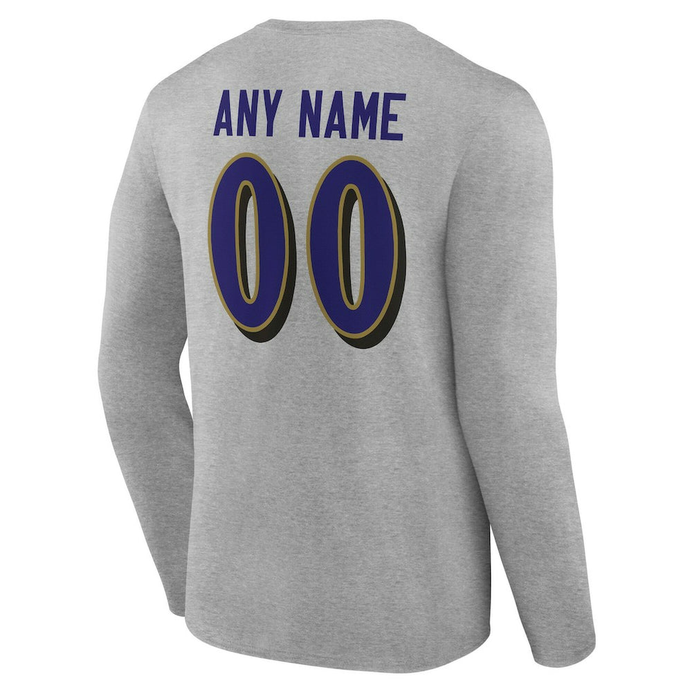 Baltimore Ravens Team Authentic Personalized Name & Number Long Sleeve T-Shirt Gray | NFL