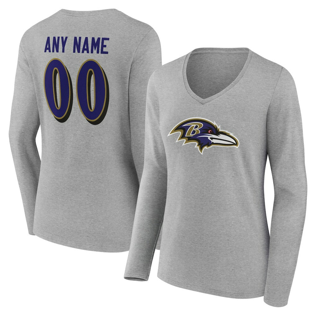 Baltimore Ravens Women's Team Authentic Personalized Name & Number Long Sleeve V-Neck T-Shirt Gray | NFL