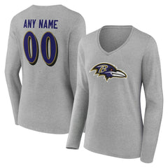 Baltimore Ravens Women's Team Authentic Personalized Name & Number Long Sleeve V-Neck T-Shirt Gray | NFL