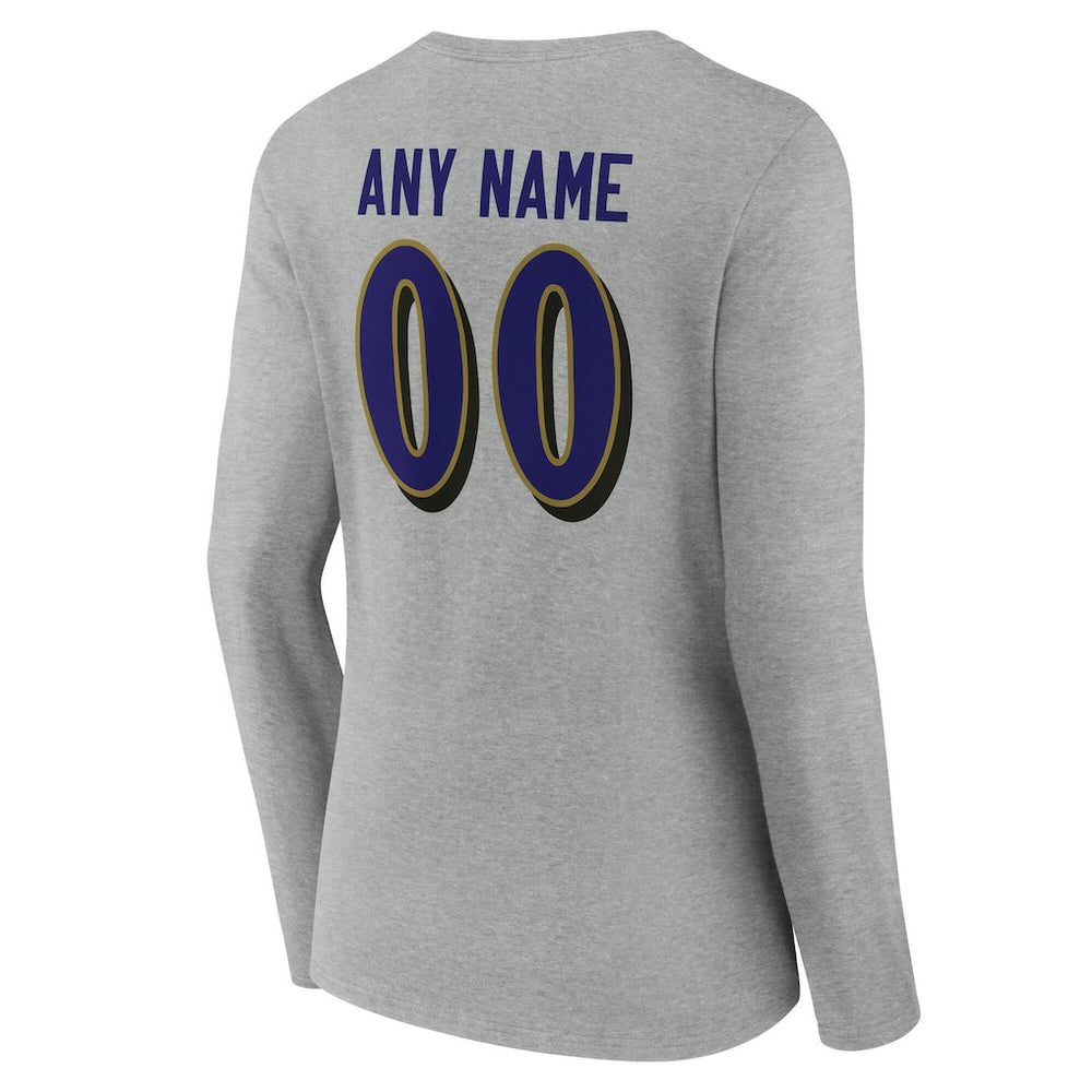 Baltimore Ravens Women's Team Authentic Personalized Name & Number Long Sleeve V-Neck T-Shirt Gray | NFL