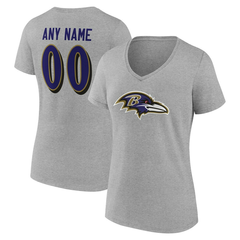 Baltimore Ravens Women's Team Authentic Personalized Name & Number V-Neck T-Shirt Gray | NFL