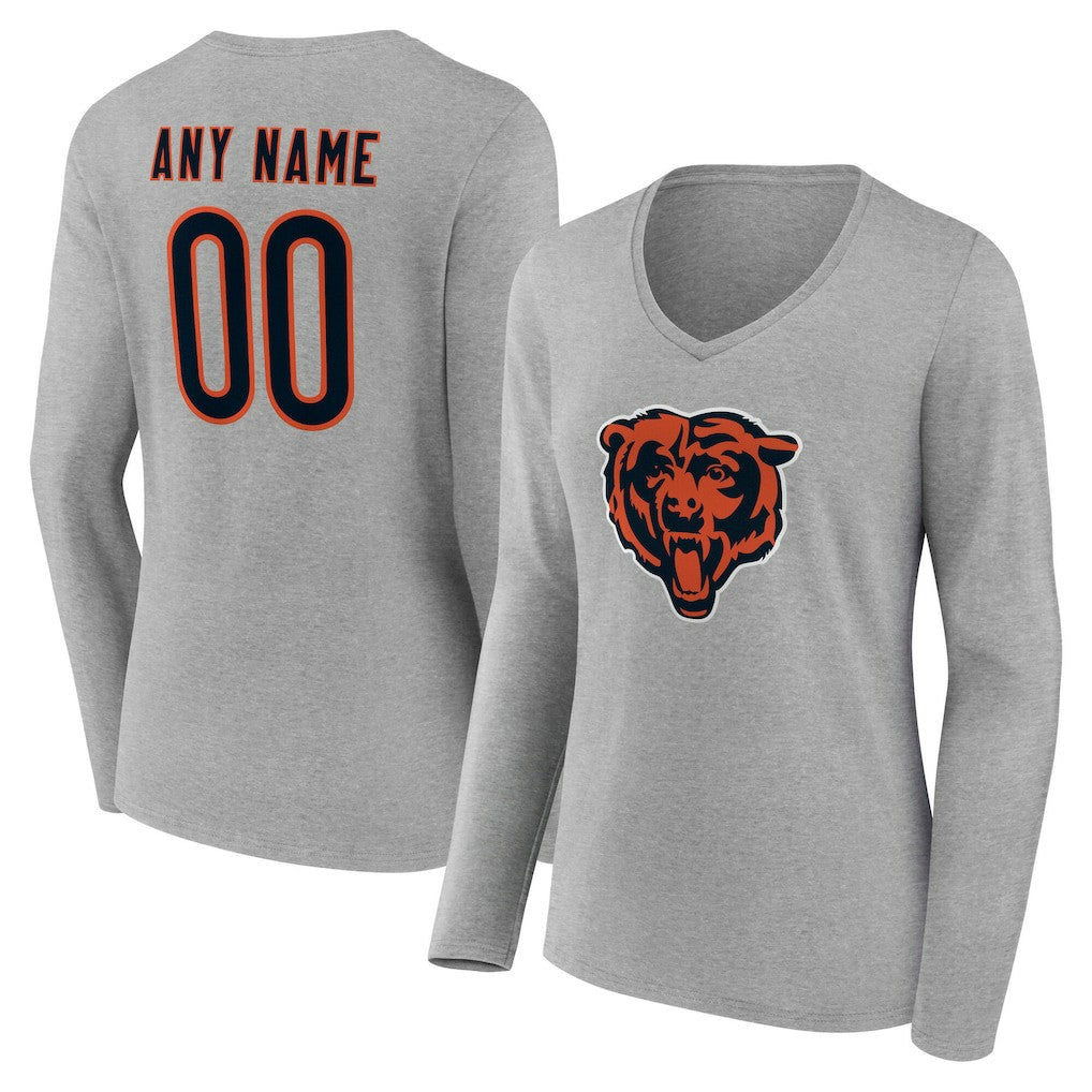 Chicago Bears Women's Team Authentic Personalized Name & Number Long Sleeve V-Neck T-Shirt Gray | NFL
