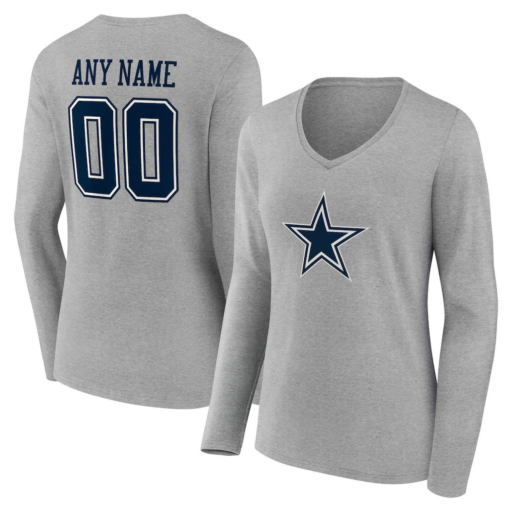 Dallas Cowboys Women's Team Authentic Personalized Name & Number Long Sleeve V-Neck T-Shirt Gray | NFL