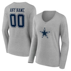 Dallas Cowboys Women's Team Authentic Personalized Name & Number Long Sleeve V-Neck T-Shirt Gray | NFL