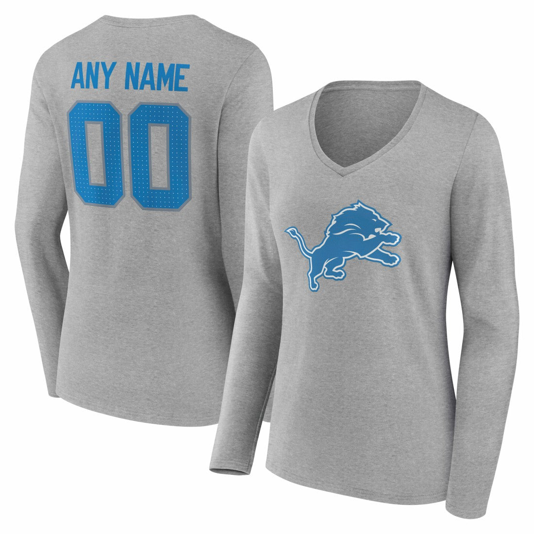 Detroit Lions Women's Team Authentic Personalized Name & Number Long Sleeve V-Neck T-Shirt Gray | NFL