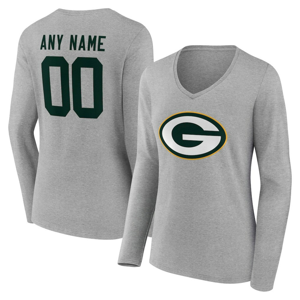 Green Bay Packers Women's Team Authentic Personalized Name & Number Long Sleeve V-Neck T-Shirt Gray | NFL