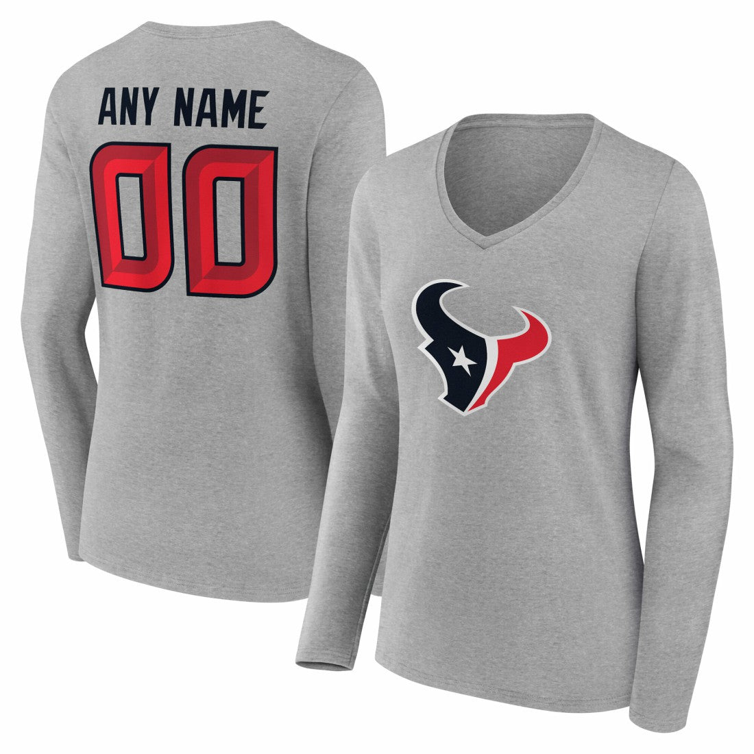 Houston Texans Women's Team Authentic Personalized Name & Number Long Sleeve V-Neck T-Shirt Gray | NFL