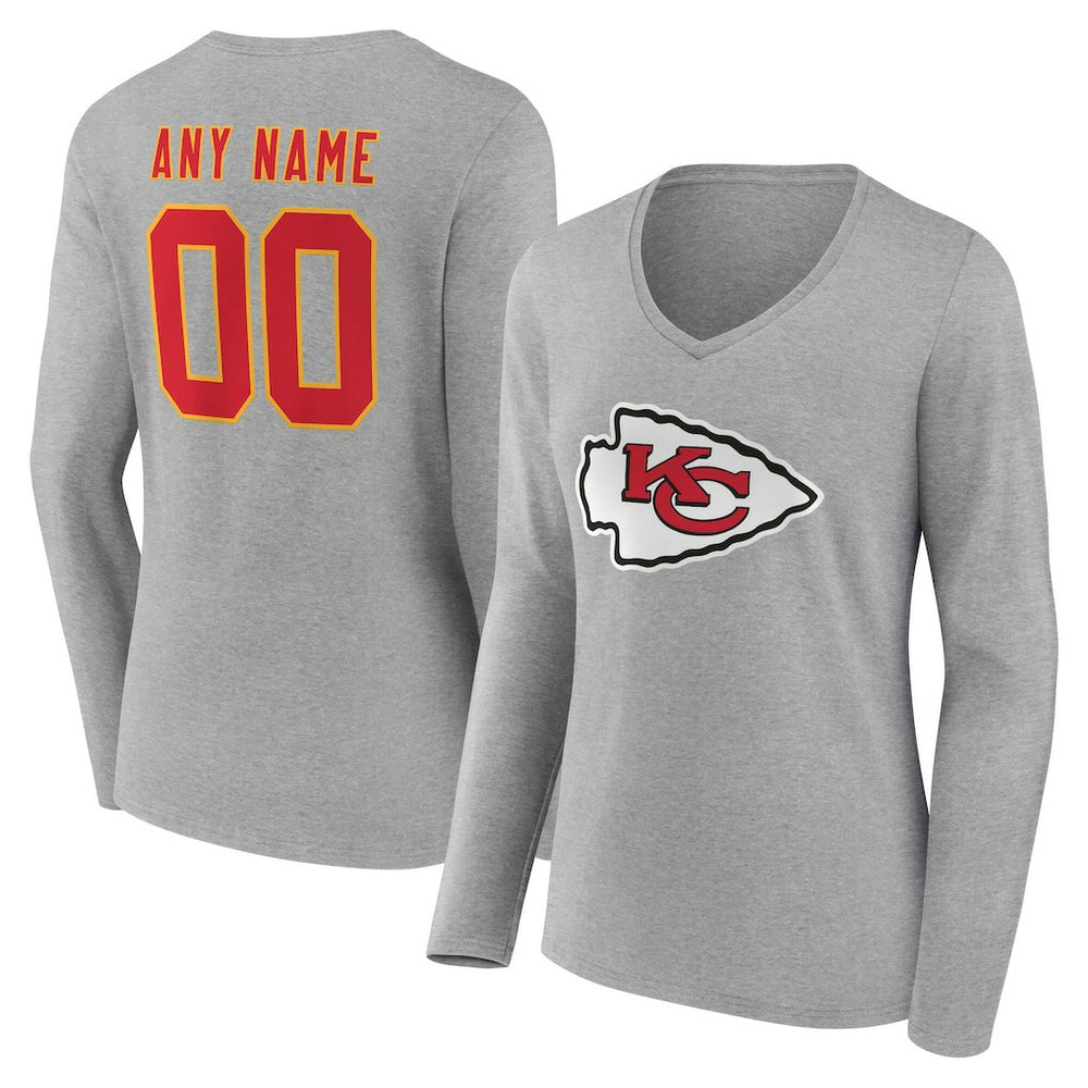 Kansas City Chiefs Women's Team Authentic Personalized Name & Number Long Sleeve V-Neck T-Shirt Gray | NFL