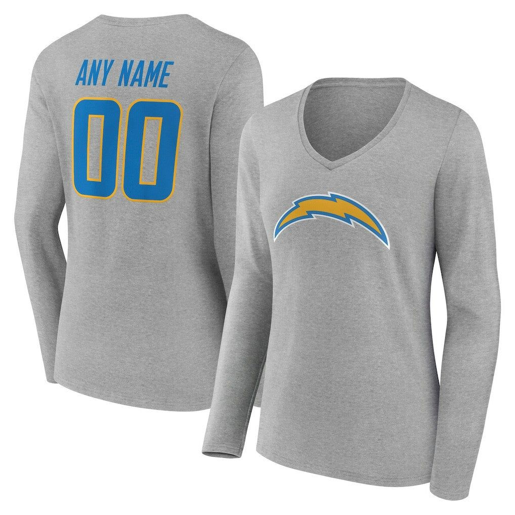 Los Angeles Chargers Women's Team Authentic Personalized Name & Number Long Sleeve V-Neck T-Shirt Gray | NFL