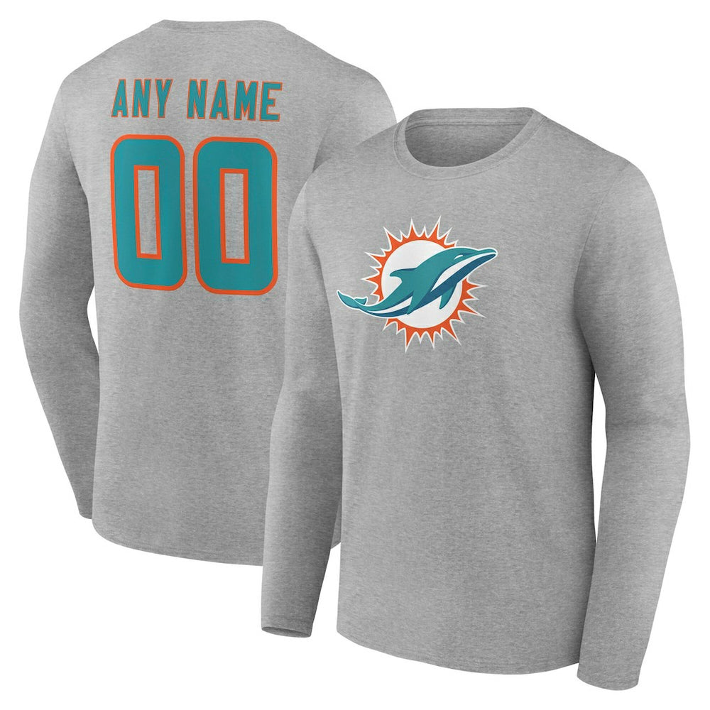 Miami Dolphins Team Authentic Personalized Name & Number Long Sleeve T-Shirt Gray | NFL