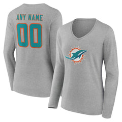 Miami Dolphins Women's Team Authentic Personalized Name & Number Long Sleeve V-Neck T-Shirt Gray | NFL