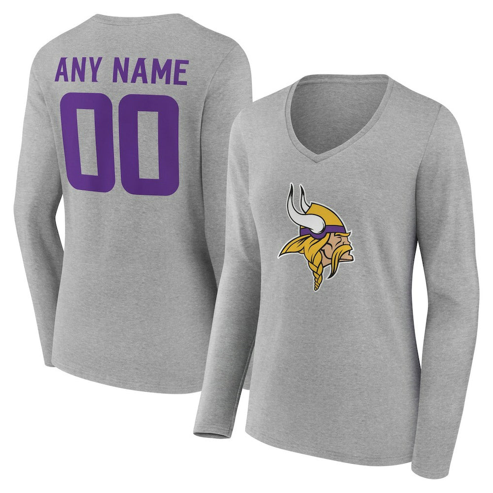 Minnesota Vikings Women's Team Authentic Personalized Name & Number Long Sleeve V-Neck T-Shirt Gray | NFL