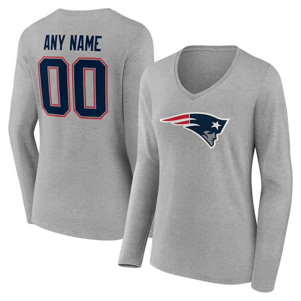 New England Patriots Women's Team Authentic Personalized Name & Number Long Sleeve V-Neck T-Shirt Gray | NFL