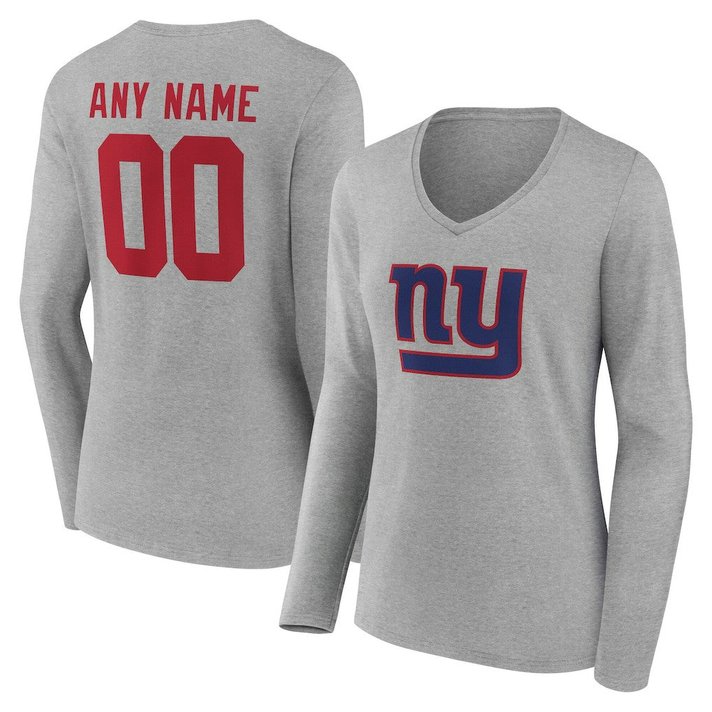 New York Giants Women's Team Authentic Personalized Name & Number Long Sleeve V-Neck T-Shirt Gray | NFL