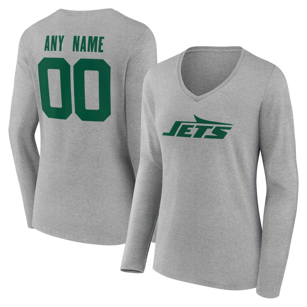 New York Jets Women's Team Authentic Personalized Name & Number Long Sleeve V-Neck T-Shirt Gray | NFL