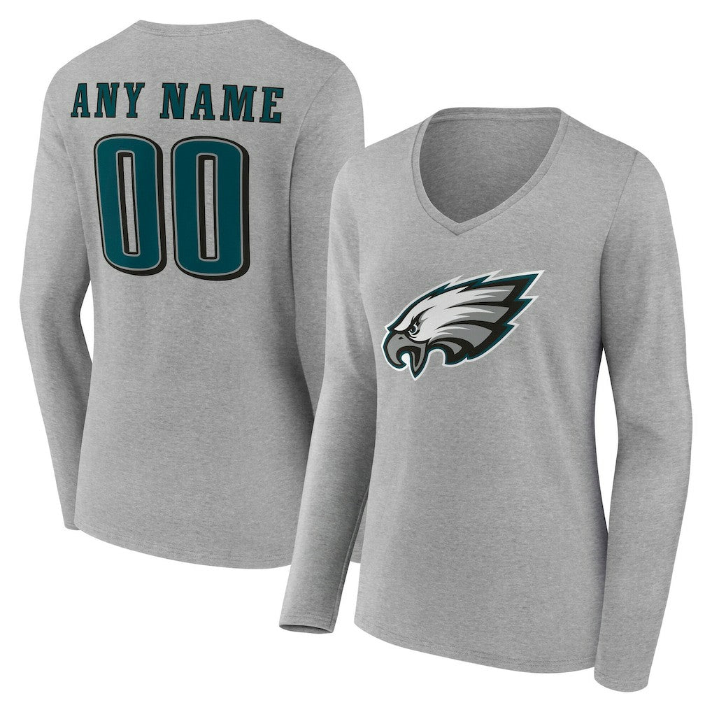 Philadelphia Eagles Women's Team Authentic Personalized Name & Number Long Sleeve V-Neck T-Shirt Gray | NFL