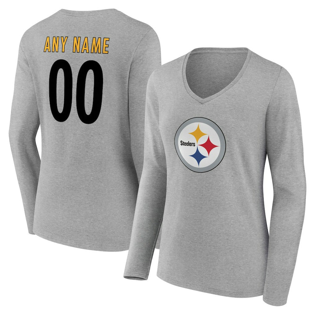 Pittsburgh Steelers Women's Team Authentic Personalized Name & Number Long Sleeve V-Neck T-Shirt Gray | NFL