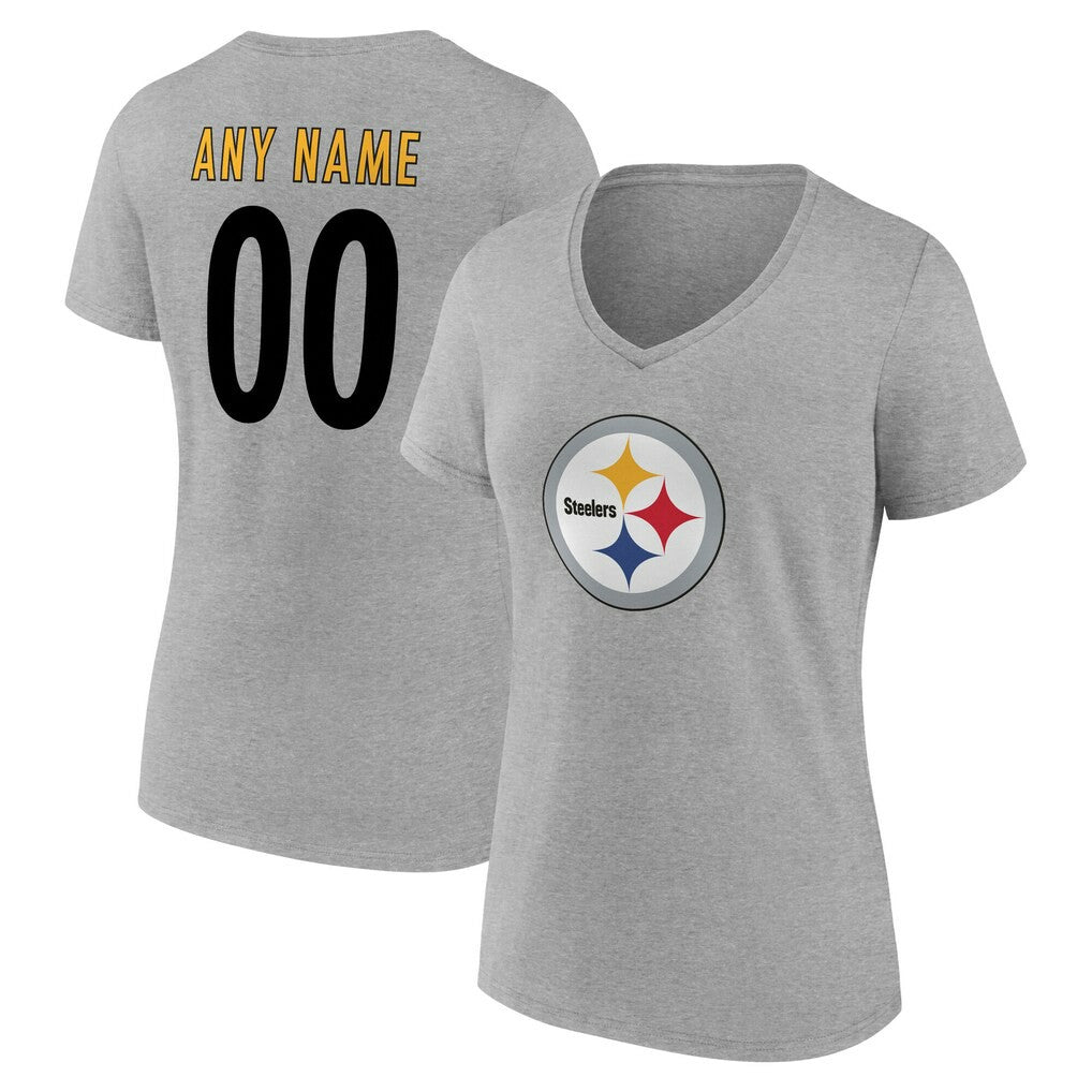 Pittsburgh Steelers Women's Team Authentic Personalized Name & Number V-Neck T-Shirt Gray | NFL