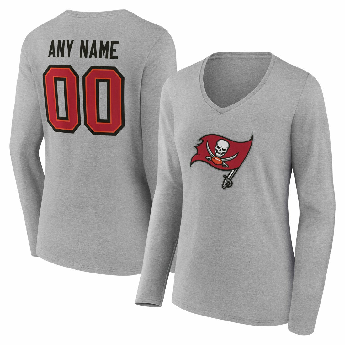 Tampa Bay Buccaneers Women's Team Authentic Personalized Name & Number Long Sleeve V-Neck T-Shirt Gray | NFL